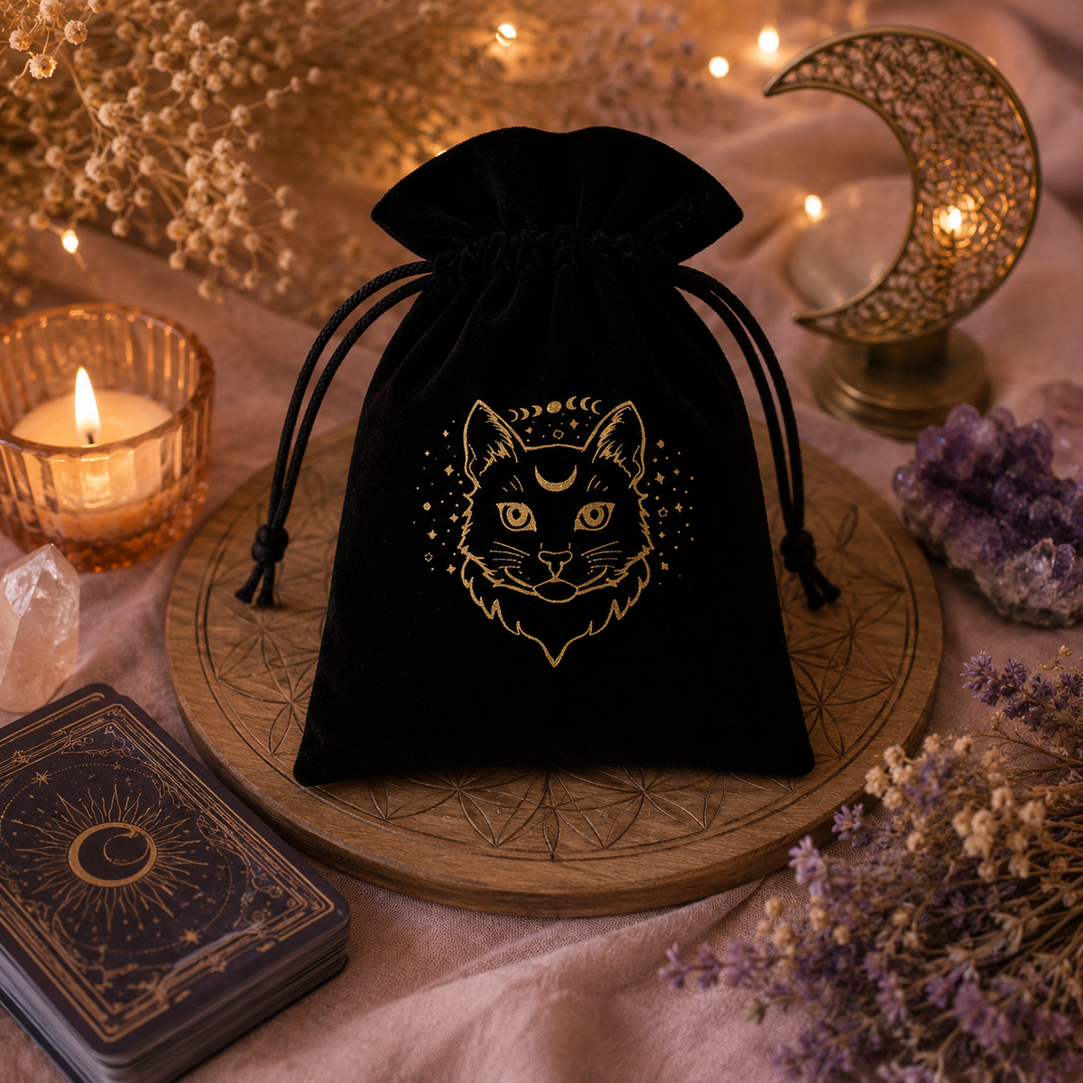 Pochette en velours pour Tarot & Oracles – Motifs spirituels dorés