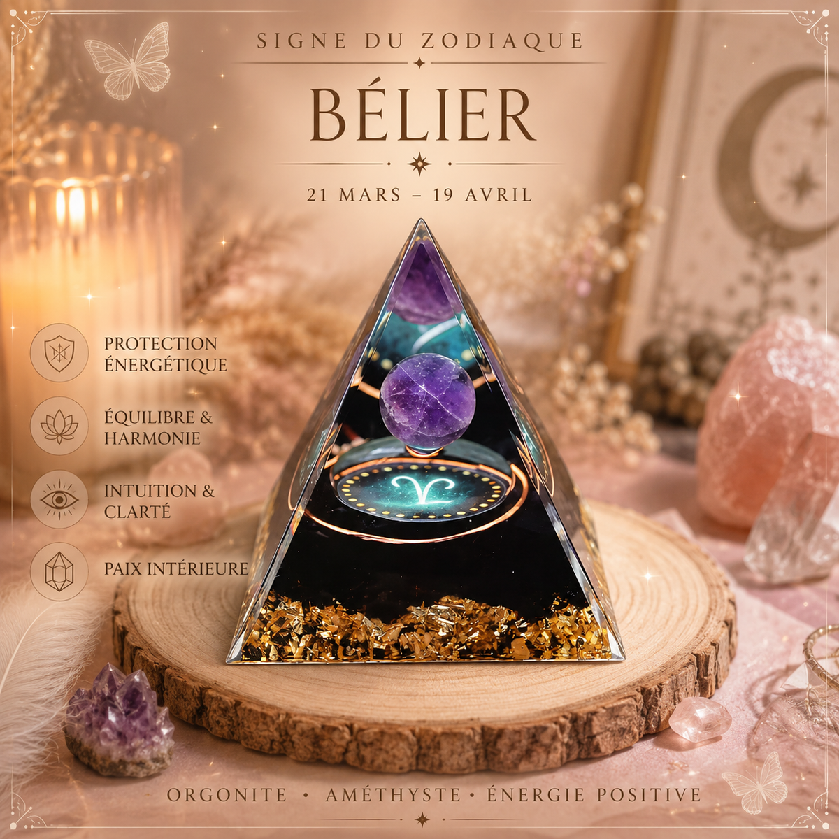 Pyramide Orgonite Zodiaque & Améthyste – Énergie & Protection
