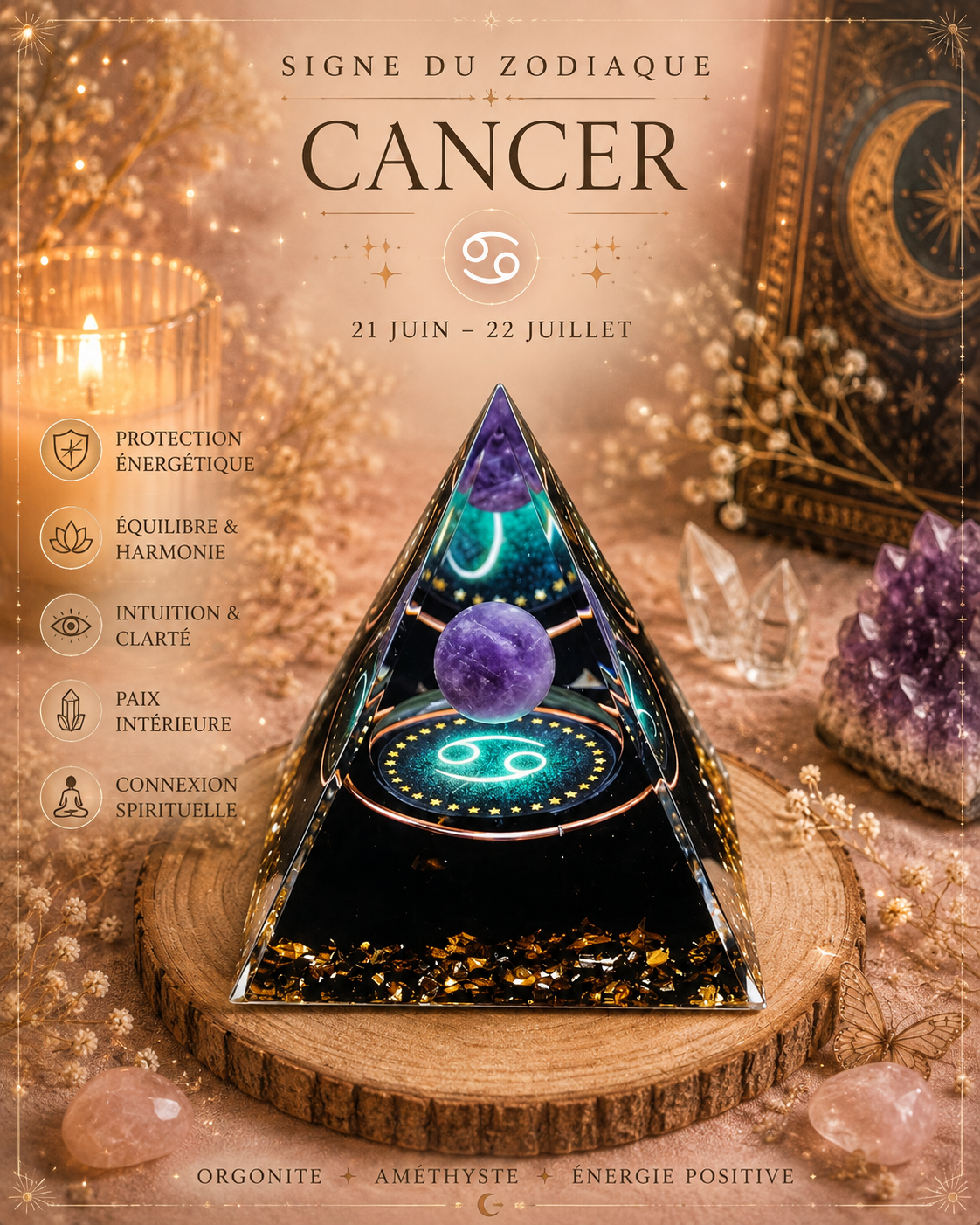 Pyramide Orgonite Zodiaque & Améthyste – Énergie & Protection