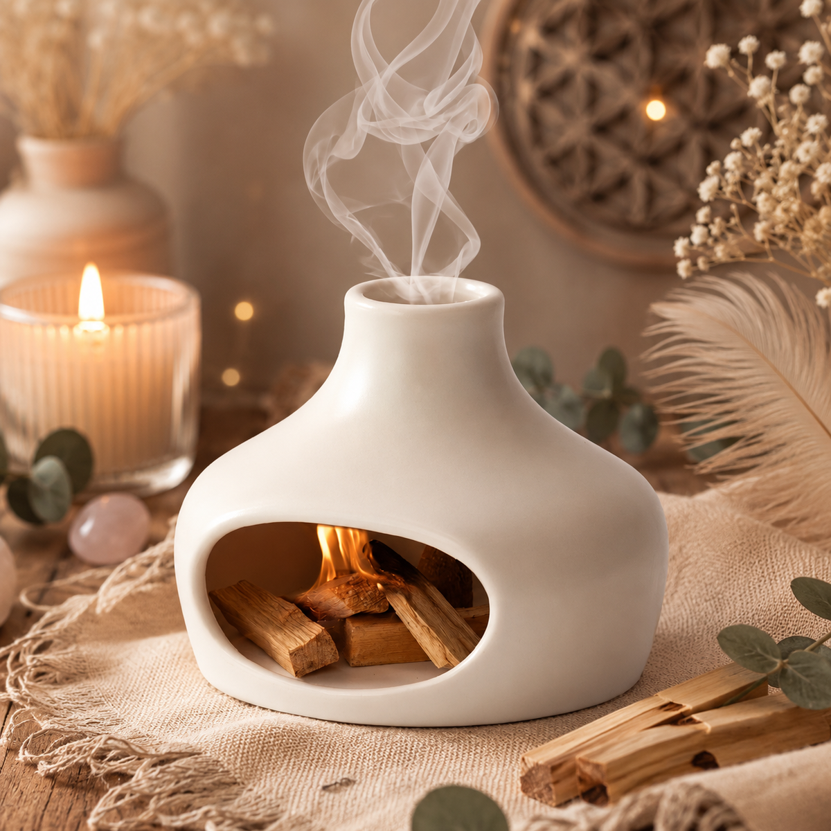 Brûleur Palo Santo & Sauge en Céramique – Cheminée Spirituelle