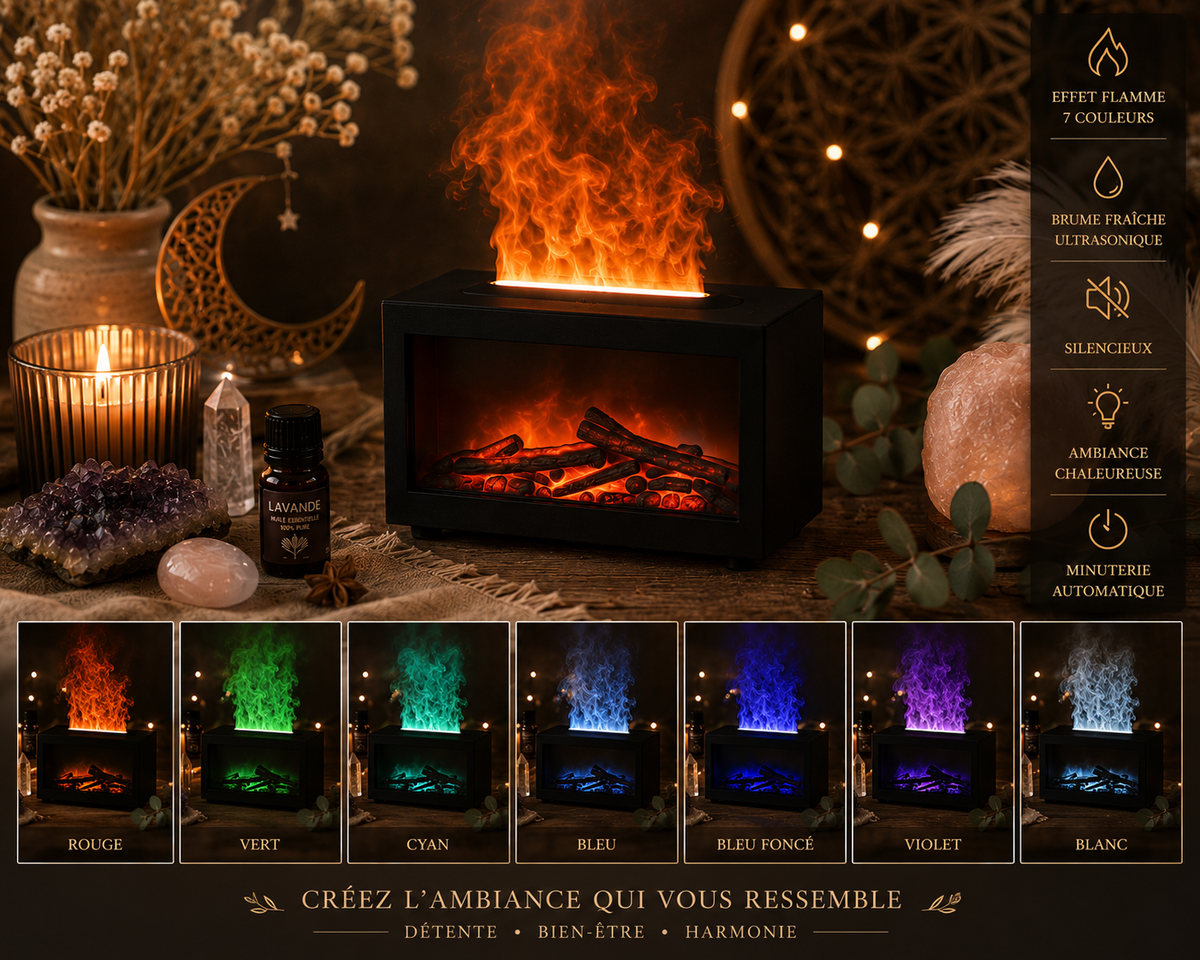 Diffuseur d’arômes effet cheminée – Flamme LED & brume