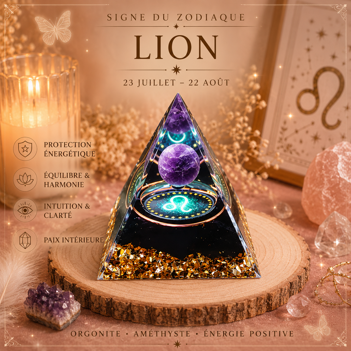 Pyramide Orgonite Zodiaque & Améthyste – Énergie & Protection