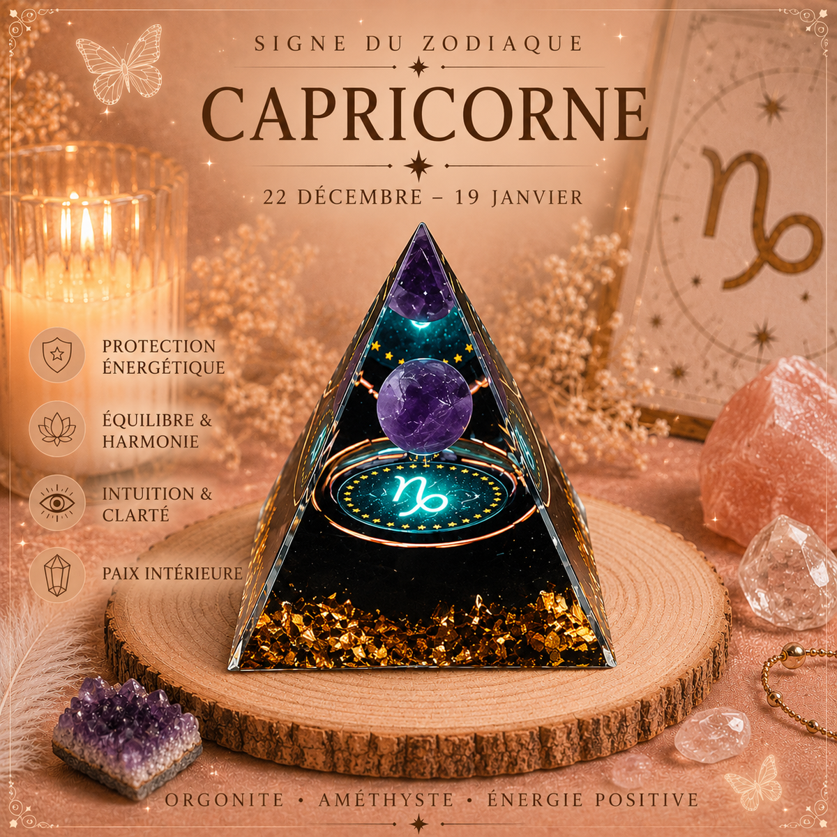 Pyramide Orgonite Zodiaque & Améthyste – Énergie & Protection