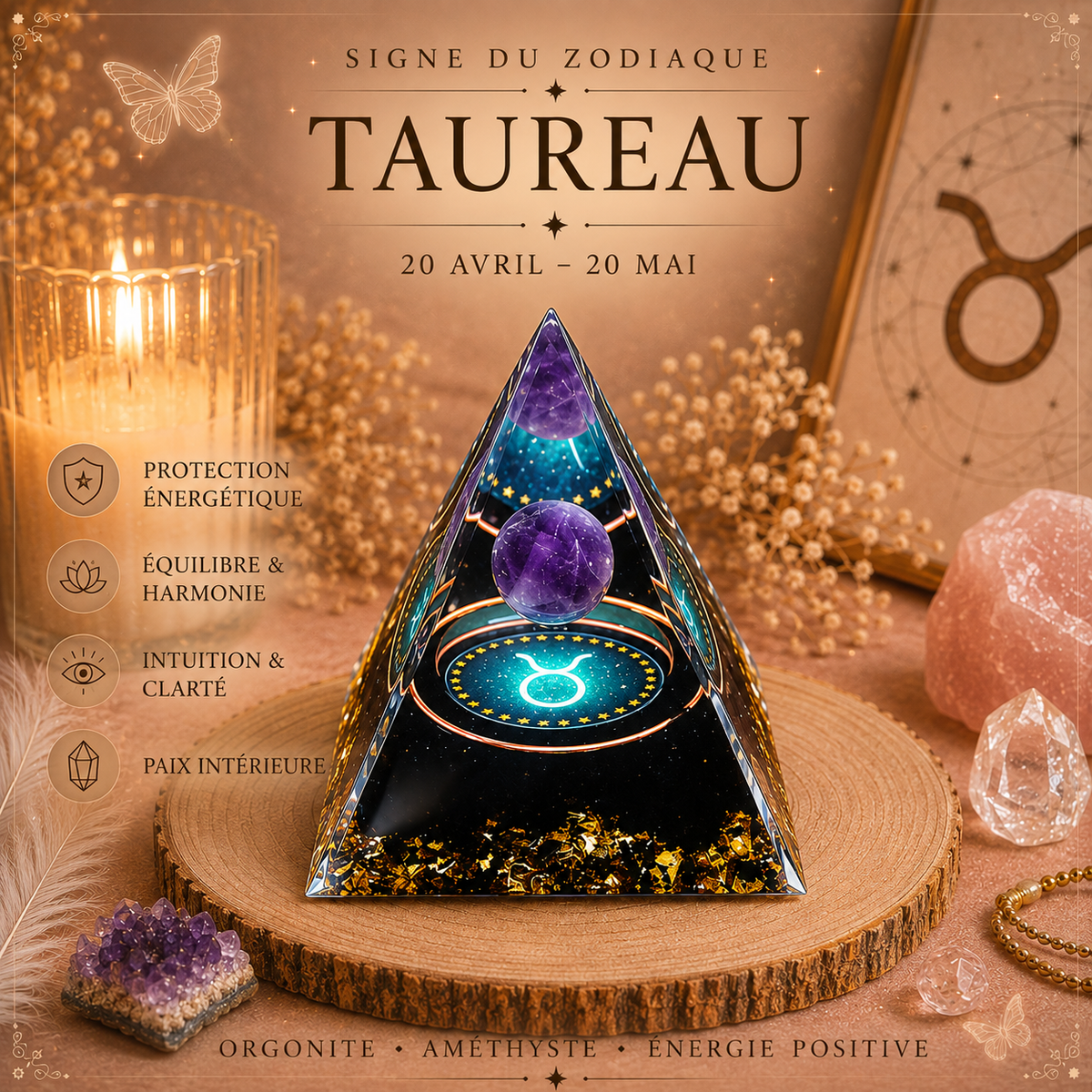 Pyramide Orgonite Zodiaque & Améthyste – Énergie & Protection