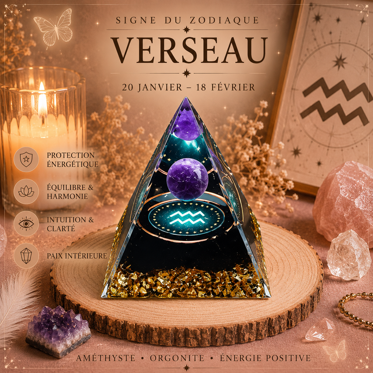 Pyramide Orgonite Zodiaque & Améthyste – Énergie & Protection