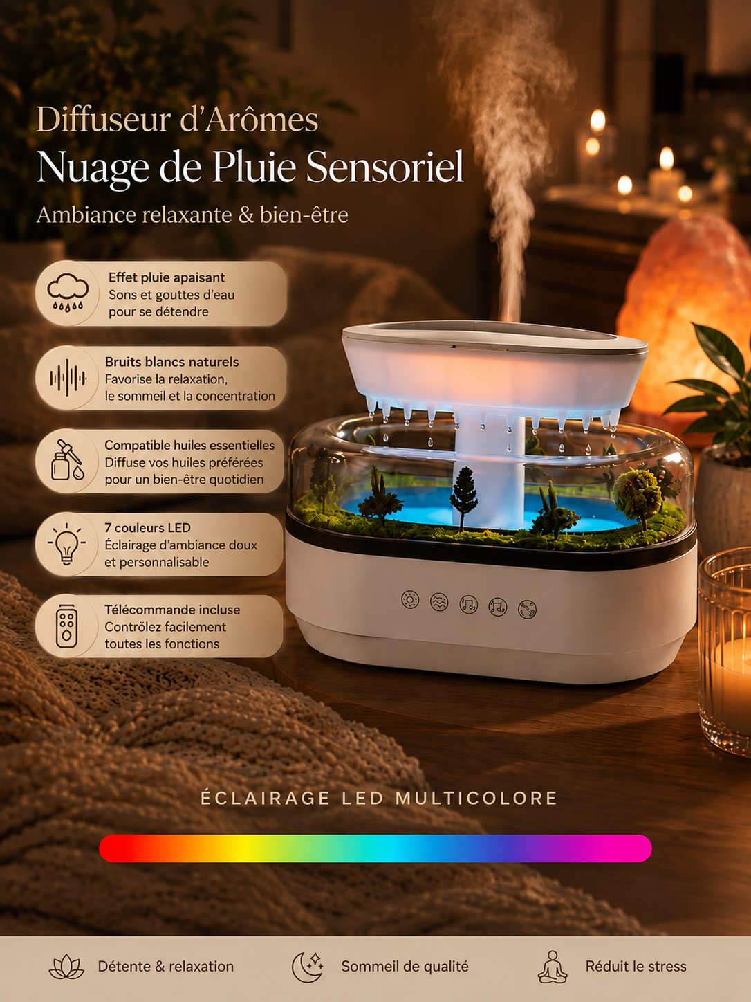 🌧️ Diffuseur Pluie Sensorielle – Aromathérapie, Bruit Blanc & ASMR