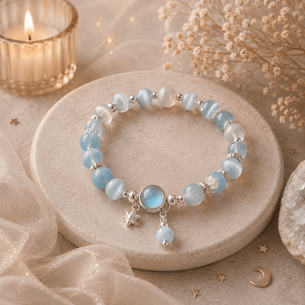🌙 Bracelet Éclat Lunaire – Pierre de Lune Bleue & Œil de Chat - Le Cocon Apaisant