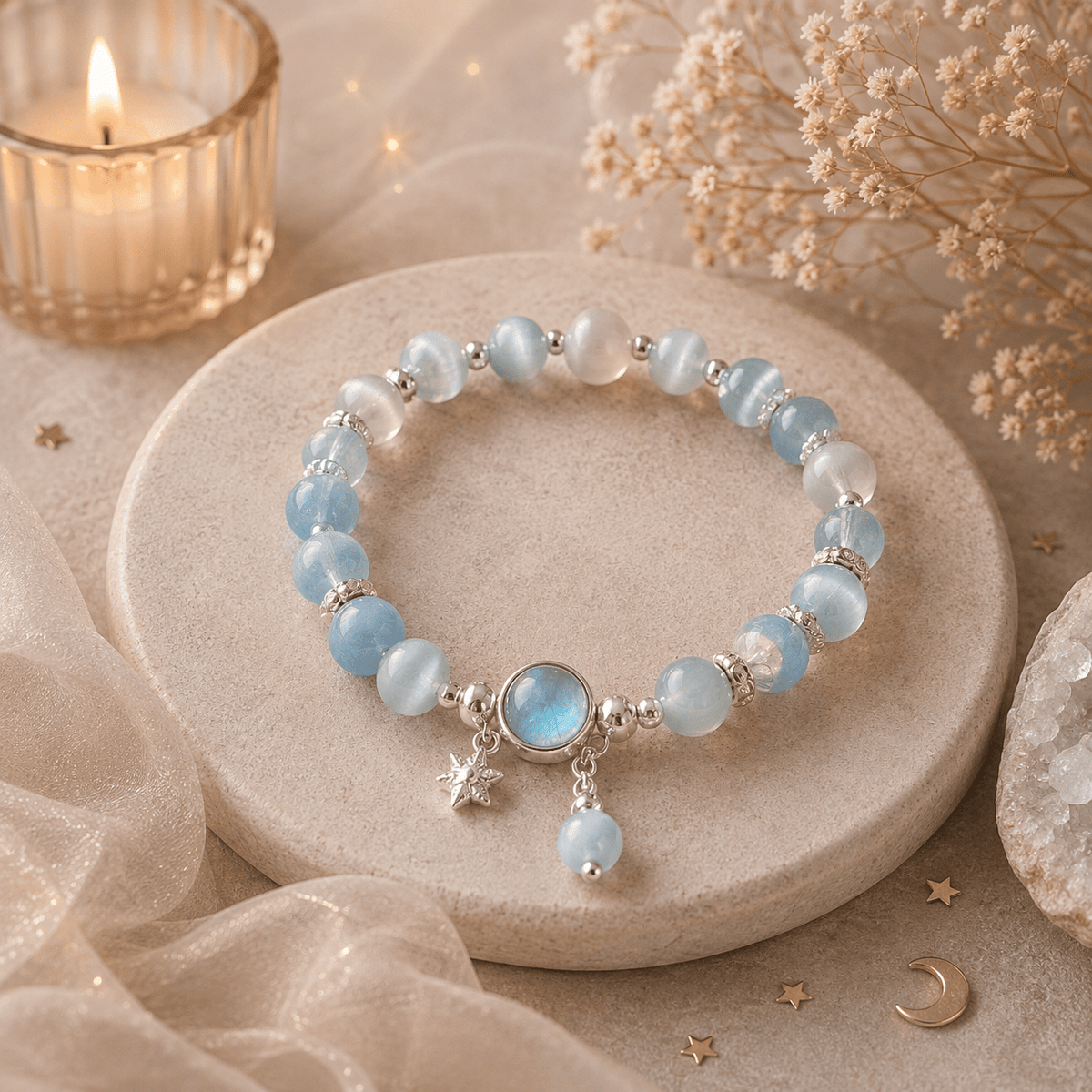 🌙 Bracelet Éclat Lunaire – Pierre de Lune Bleue & Œil de Chat - Le Cocon Apaisant