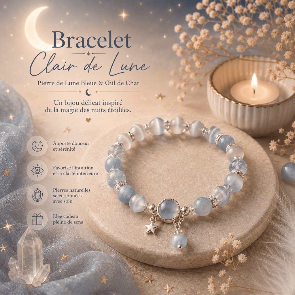 🌙 Bracelet Éclat Lunaire – Pierre de Lune Bleue & Œil de Chat - Le Cocon Apaisant