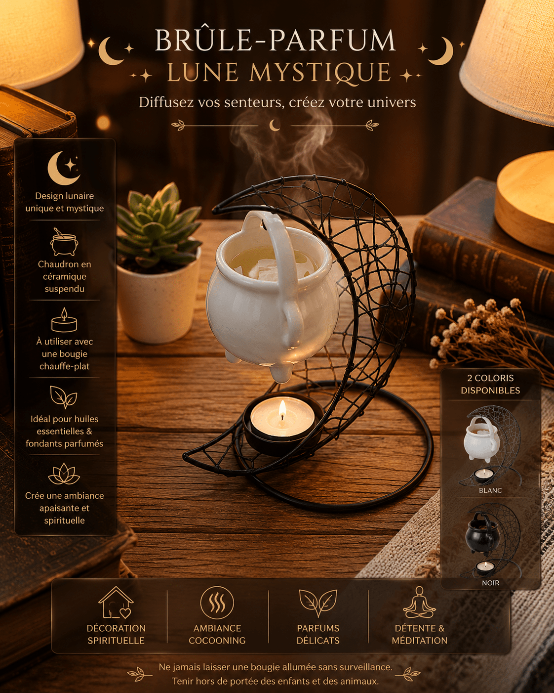 Brûle-Parfum Lune Mystique – Huiles Essentielles & Fondants Parfumés - Le Cocon Apaisant