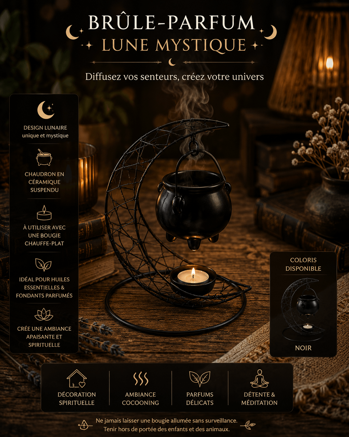 Brûle-Parfum Lune Mystique – Huiles Essentielles & Fondants Parfumés - Le Cocon Apaisant