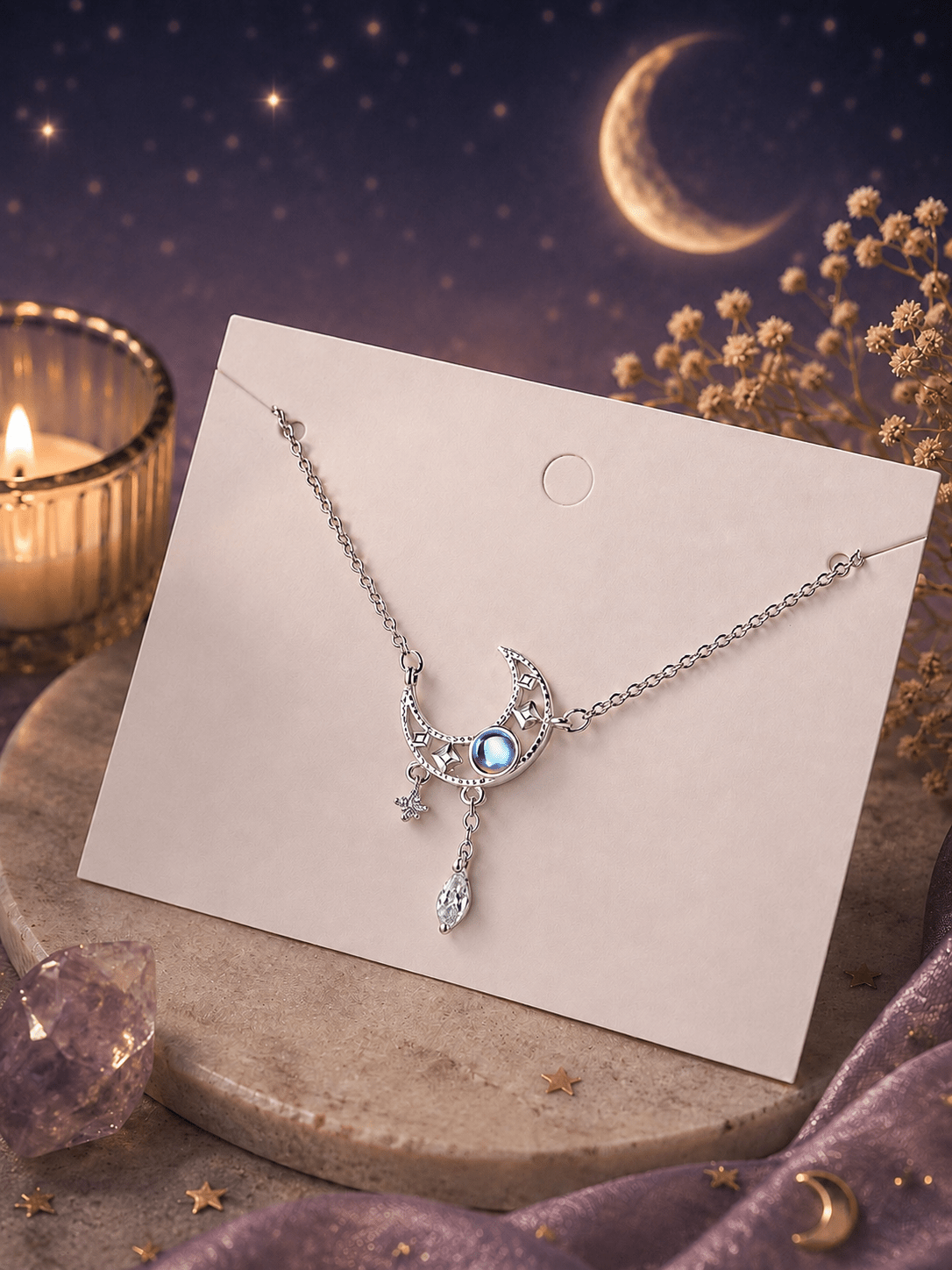 🌙 Collier Éclat de Lune – Pendentif Lune & Pierre Bleue - Le Cocon Apaisant