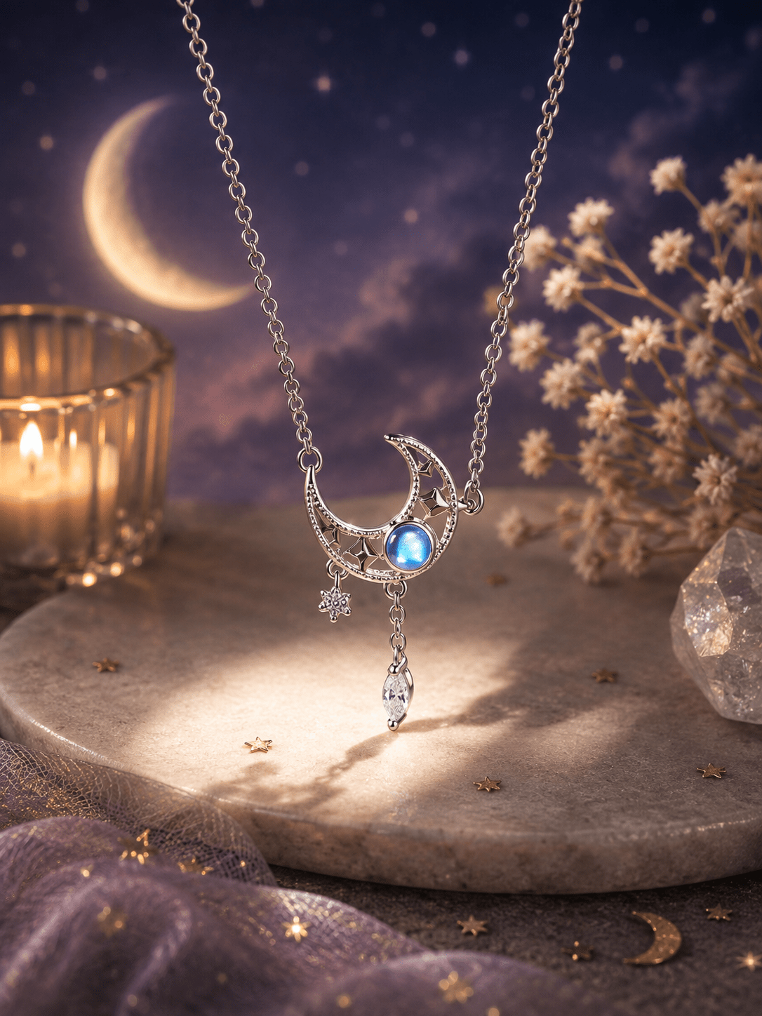🌙 Collier Éclat de Lune – Pendentif Lune & Pierre Bleue - Le Cocon Apaisant