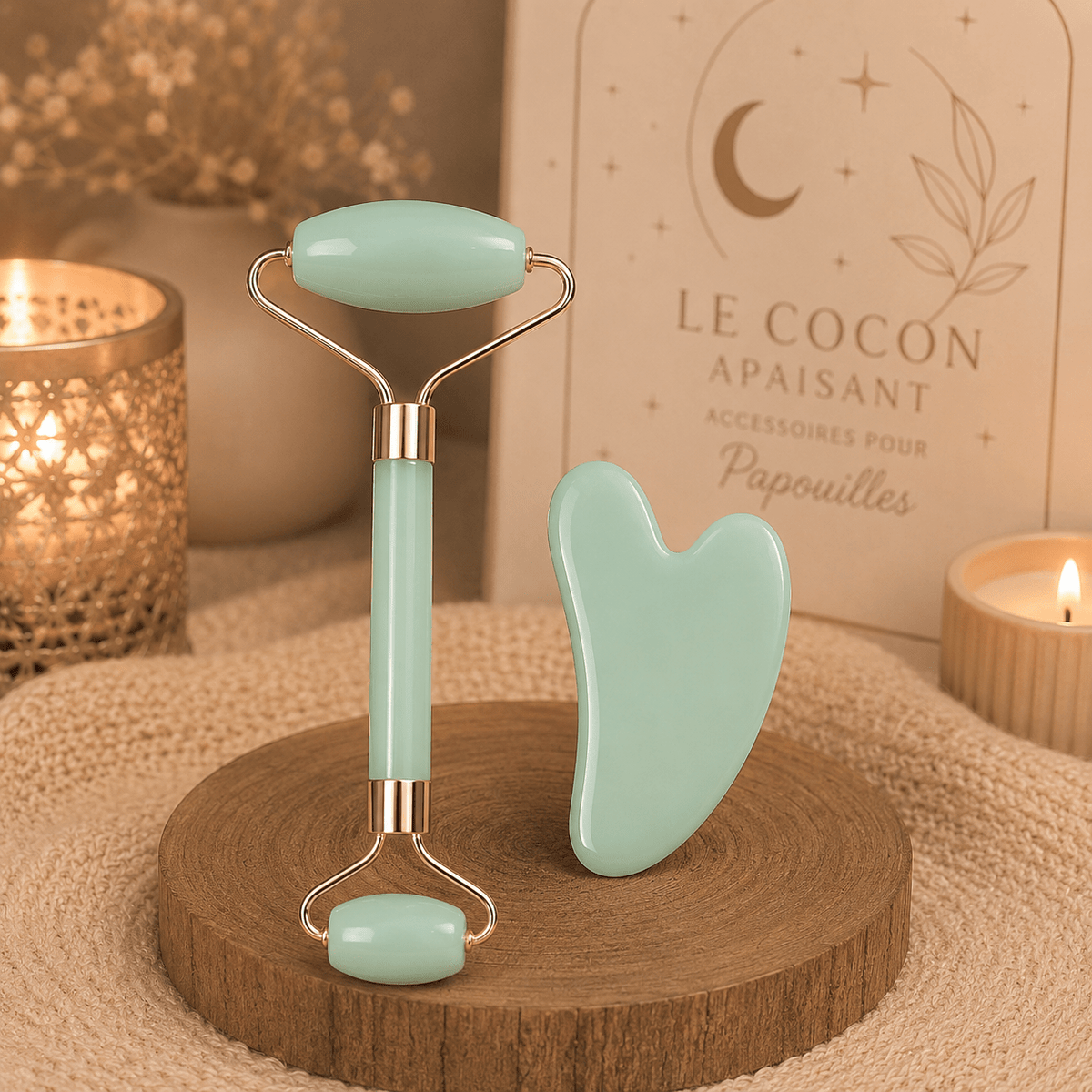 Duo Rouleau & Gua Sha – Accessoire de Papouilles fraîcheur - Le Cocon Apaisant