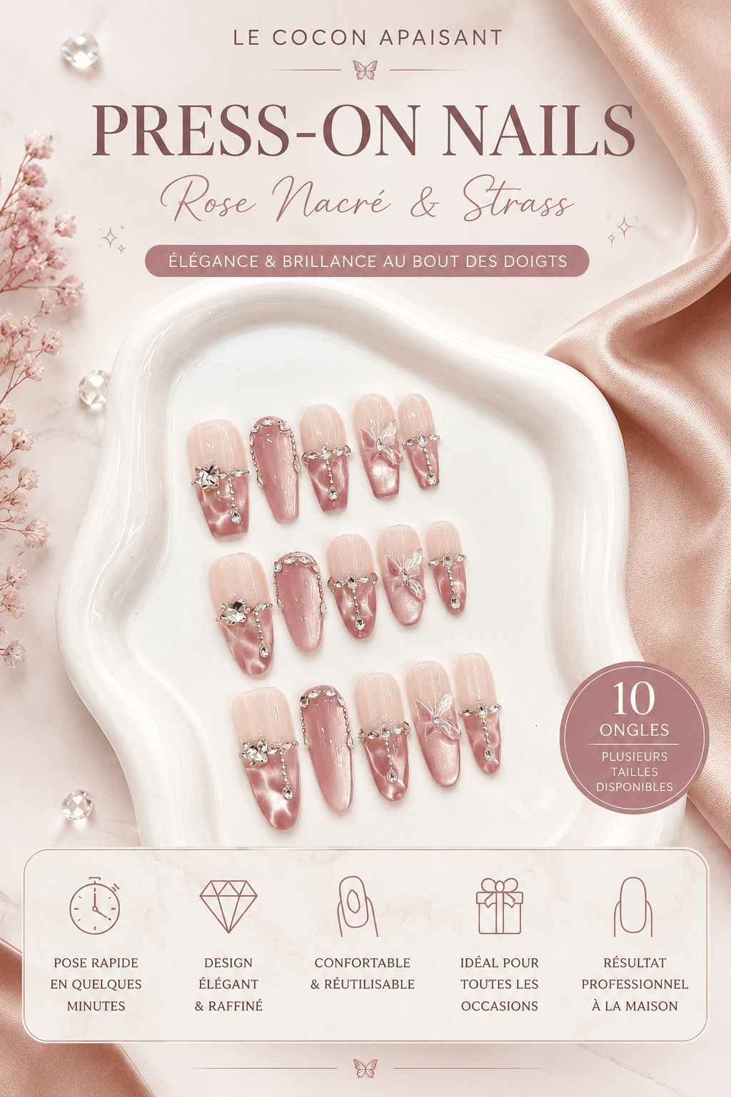Lot de 10 Press-On Nails – Élégant 🦋 - Le Cocon Apaisant
