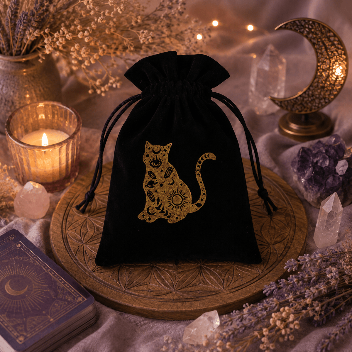 Pochette en velours pour Tarot & Oracles – Motifs spirituels dorés - Le Cocon Apaisant