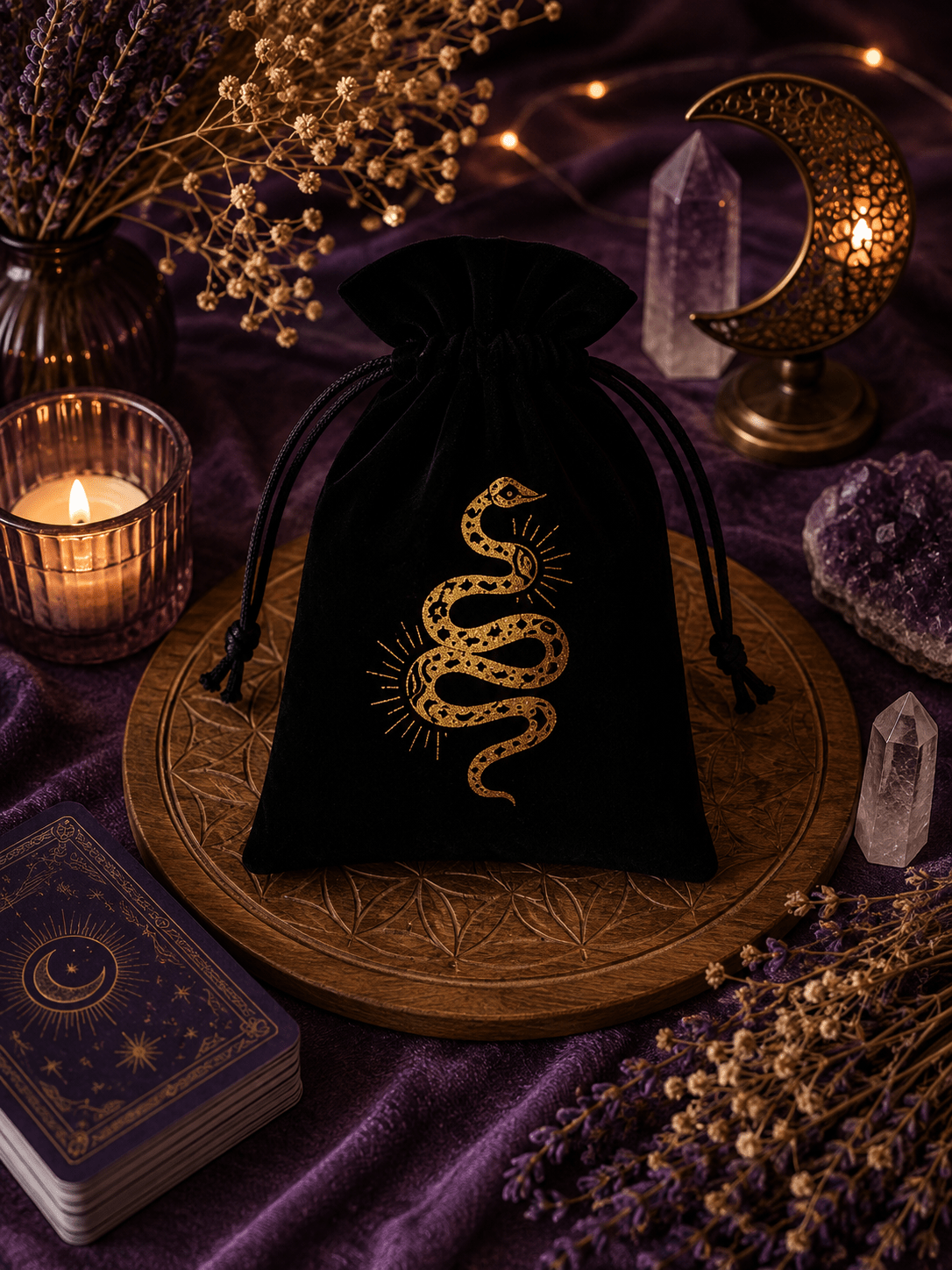 Pochette en velours pour Tarot & Oracles – Motifs spirituels dorés - Le Cocon Apaisant