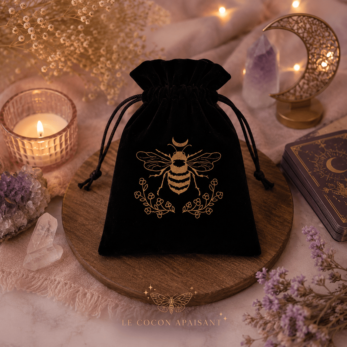 Pochette en velours pour Tarot & Oracles – Motifs spirituels dorés - Le Cocon Apaisant