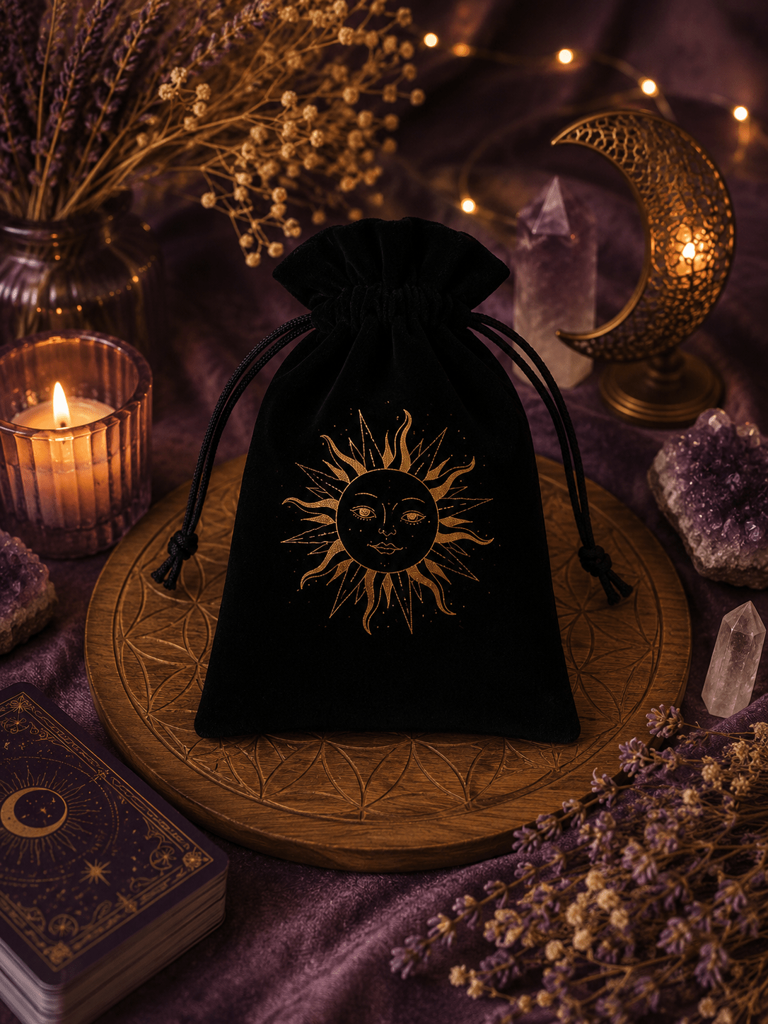 Pochette en velours pour Tarot & Oracles – Motifs spirituels dorés - Le Cocon Apaisant