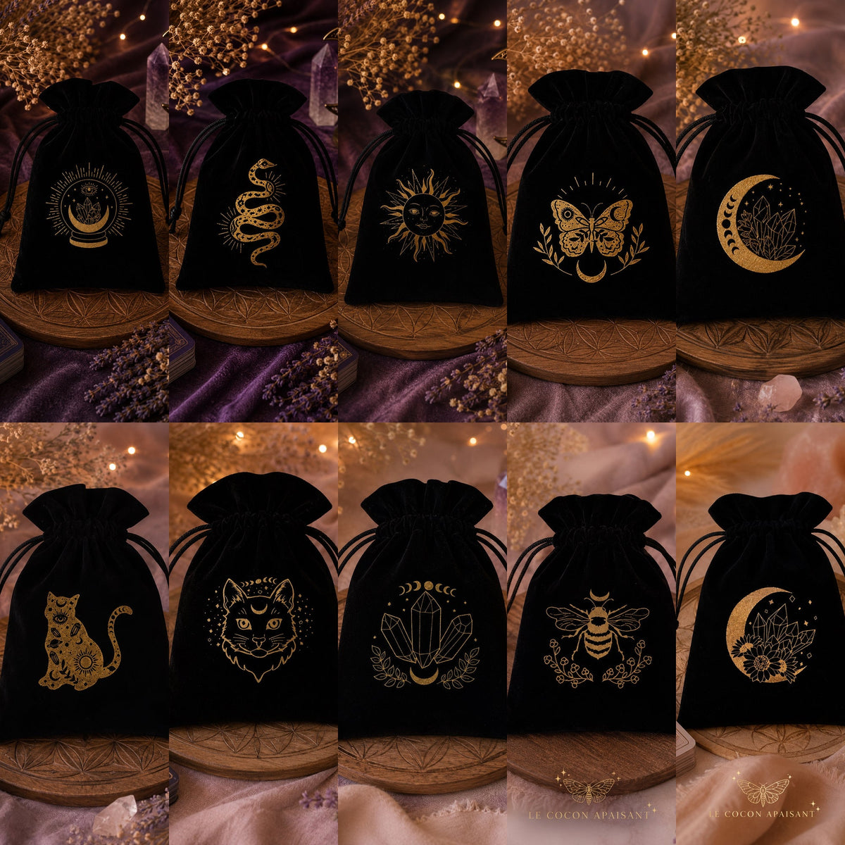 Pochette en velours pour Tarot & Oracles – Motifs spirituels dorés - Le Cocon Apaisant
