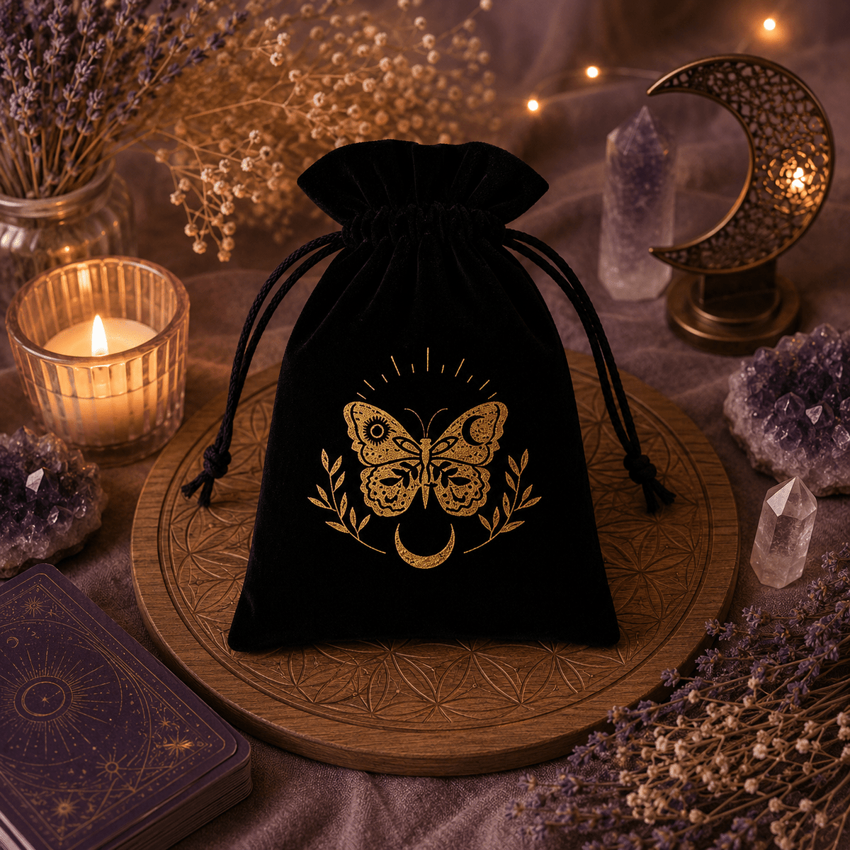 Pochette en velours pour Tarot & Oracles – Motifs spirituels dorés - Le Cocon Apaisant