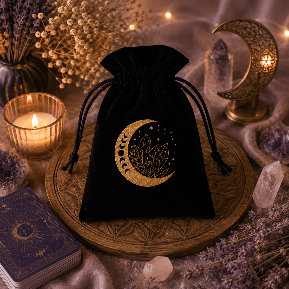 Pochette en velours pour Tarot & Oracles – Motifs spirituels dorés - Le Cocon Apaisant
