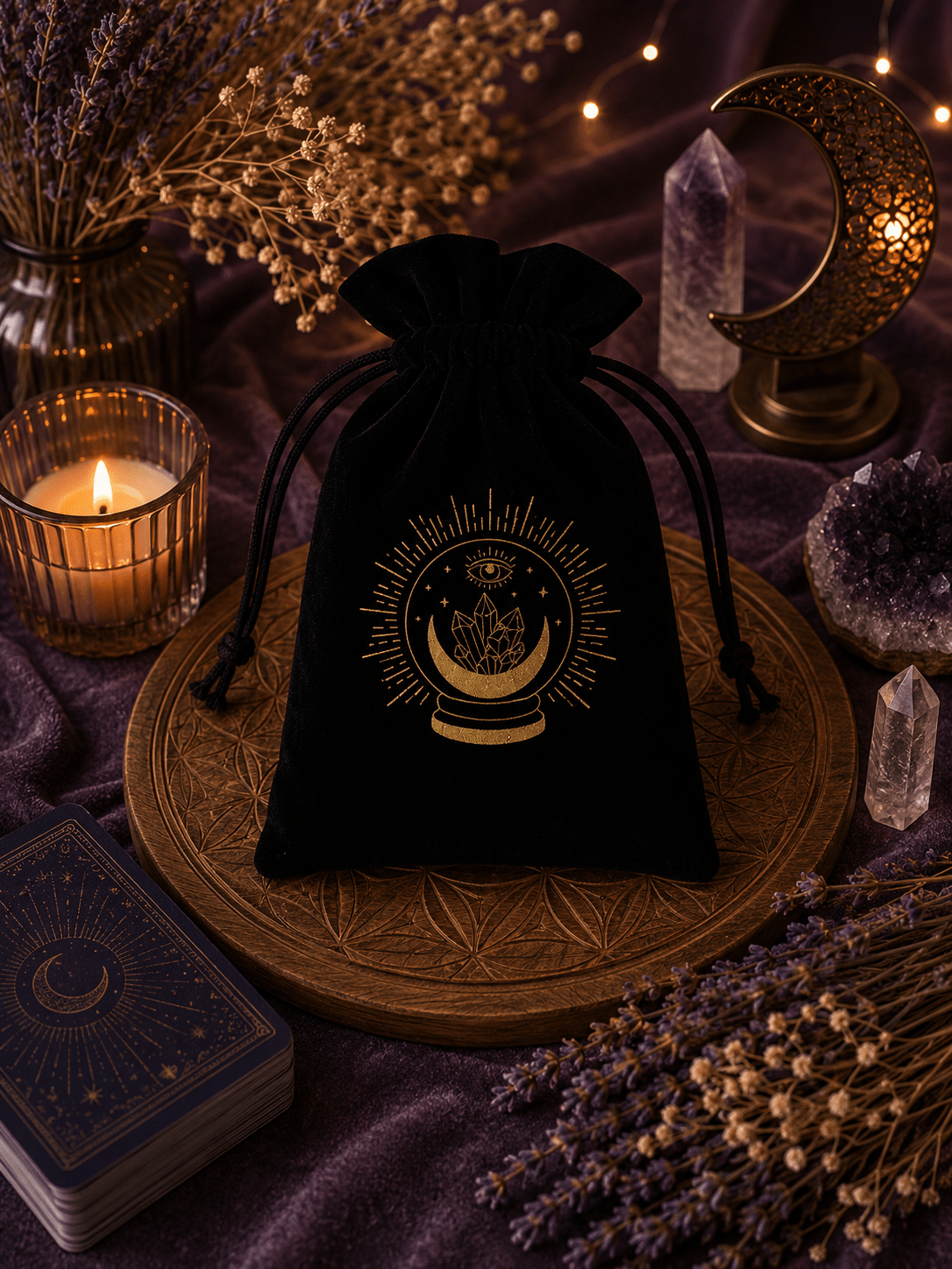 Pochette en velours pour Tarot & Oracles – Motifs spirituels dorés - Le Cocon Apaisant