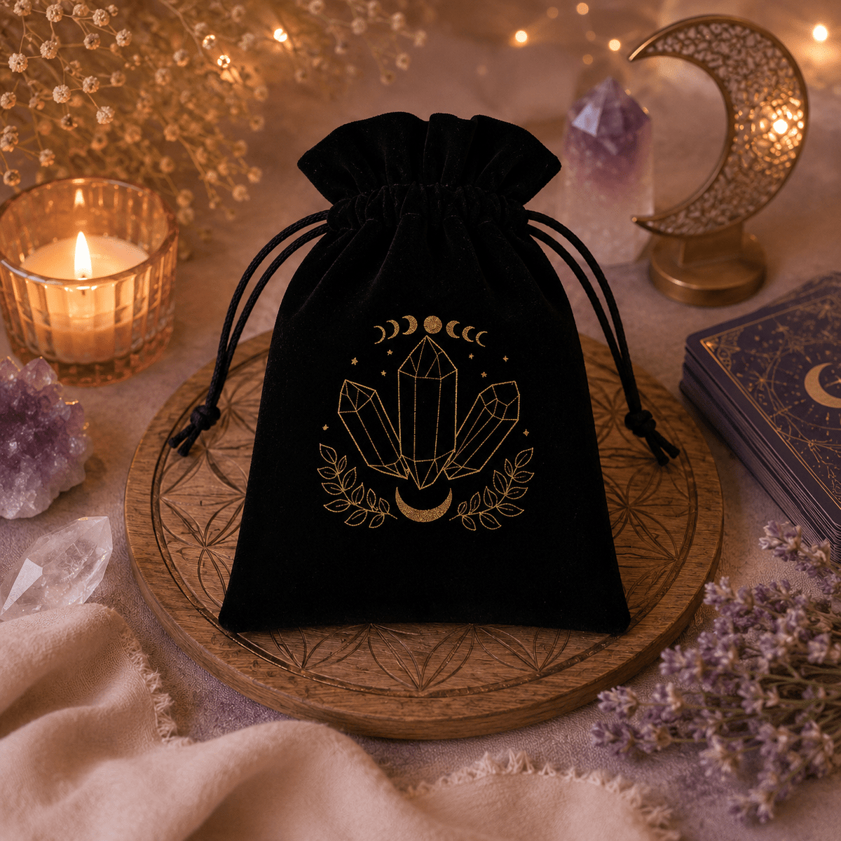 Pochette en velours pour Tarot & Oracles – Motifs spirituels dorés - Le Cocon Apaisant