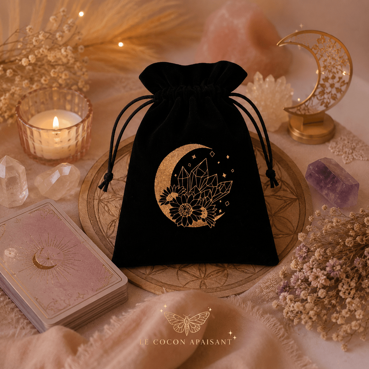 Pochette en velours pour Tarot & Oracles – Motifs spirituels dorés - Le Cocon Apaisant