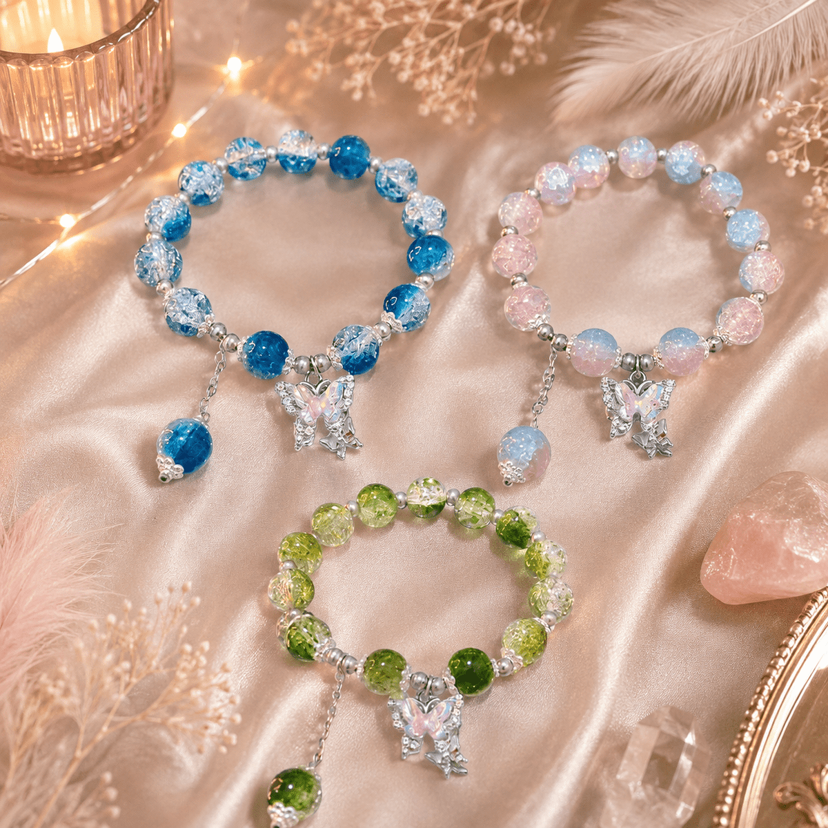 Trio de Bracelets Féeriques Papillon – Rose, Bleu & Vert - Le Cocon Apaisant